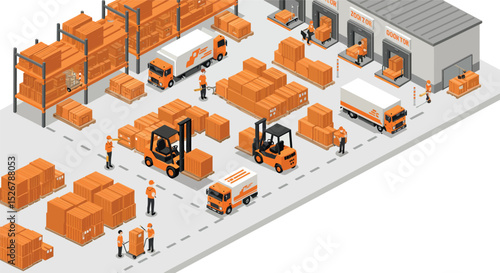 Efficient warehouse logistics with truck and forklift operations for delivery management vector illustration