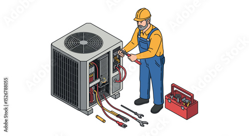 Hvac technician repairing air conditioning unit for home maintenance vector illustration