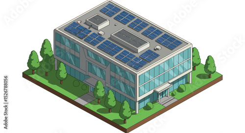 Isometric green office building with solar panels for sustainable design and renewable energy vector illustration