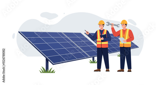 Engineers inspecting solar panels for renewable energy development and sustainability vector illustration