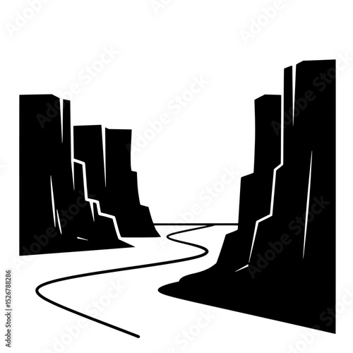 Monochrome Canyon Silhouette: A dramatic black and white illustration captures the essence of a vast canyon landscape, highlighting the rugged terrain and meandering river below.