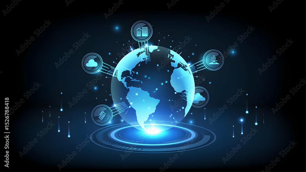 Obraz premium Glowing earth hologram with connected icons on a dark blue background technology representation