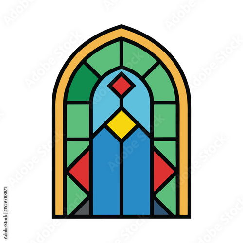 Arched stained glass window illustration with geometric shapes and vibrant colors