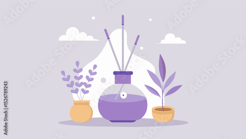 Different aromatherapy scents such as lavender or eucalyptus in a diffuser to promote relaxation and calmness.. Vector illustration