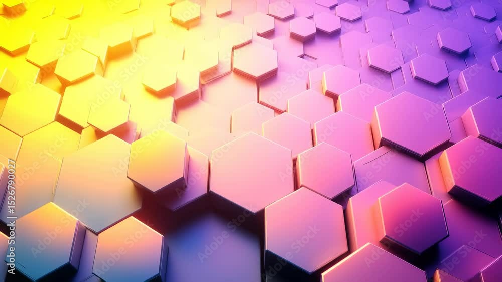 This beautiful abstract animation shows a wall of modern 3d geometric hexagons gently moving up and down, illuminated by a vibrant and colorful gradient.