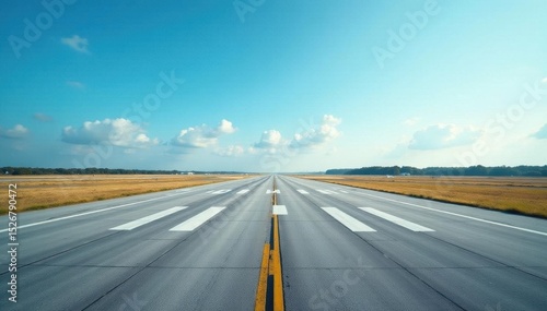 Half-finished airport runway against vibrant blue sky, horizon, marking