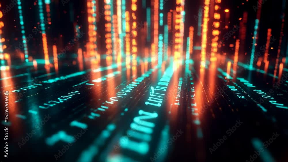 Futuristic flight through a glowing digital landscape of data streams; use for technology, AI, cybersecurity, or big data concepts. Futuristic flight through a glowing digital landscape of data streams; use for technology, AI, cybersecurity, or big data concepts.