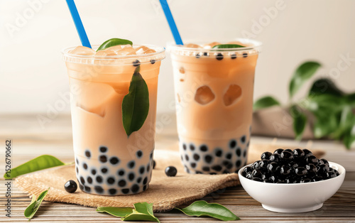 Two refreshing bubble milk tea drinks with black tapioca pearls and ice. Sweet beverage for summer and cafe menu.