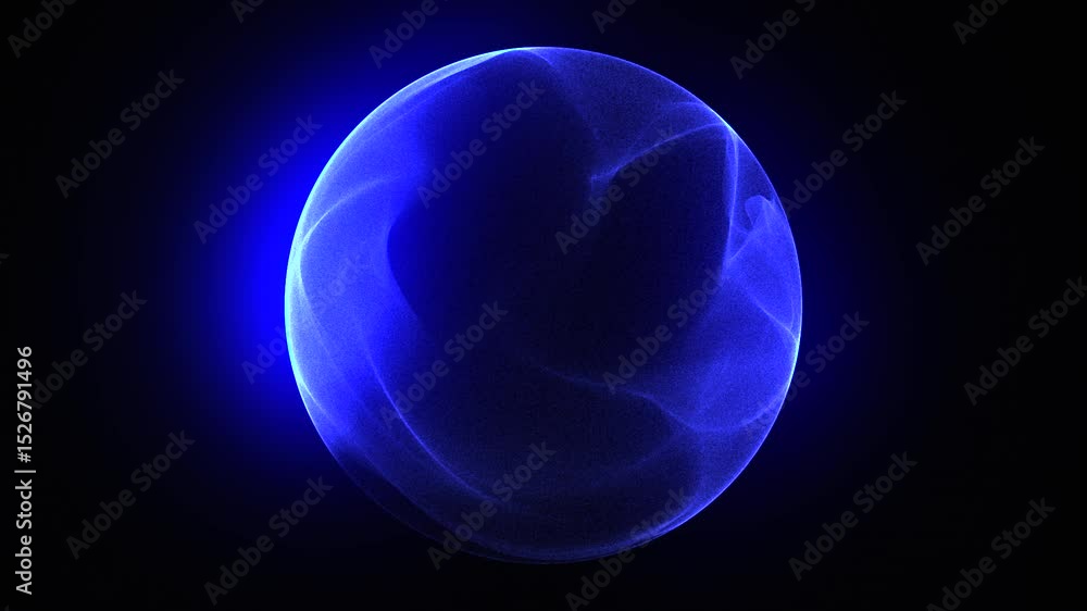 Abstract deep blue sphere of glowing particle waves and energy motion. Cosmic futuristic 3d sphere in space. Science, technology, virtualization, AI. Magic 3d orb and vibrant energy sphere. 4k loop.