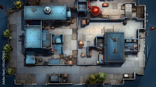 Overhead View of a Detailed City Map with Blue Buildings