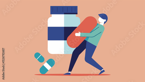 An illustration of a person carrying a large and heavy pill bottle struggling to keep track of various medications. A weekly pill organizer is shown in the distance representing a. Vector illustration