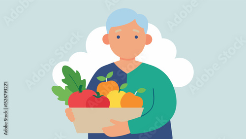 An older person holding a basket of fresh fruits and vegetables they have harvested from their garden. Eating a diet rich in fruits and vegetables is essential for brain health and. Vector