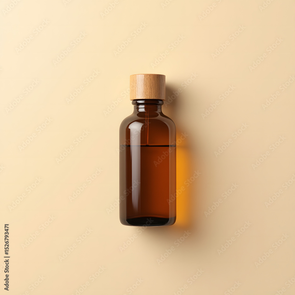 Minimalist Amber Glass Bottle with Wooden Cap — Natural Essential Oil, Skincare, Wellness and Aromatherapy Product on Beige Background Minimalist Amber Glass Bottle with Wooden Cap — Natural Essential Oil, Skincare, Wellness and Aromatherapy Product on Beige Background