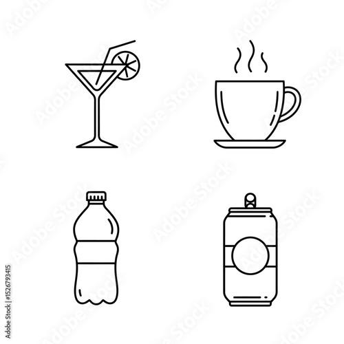 Set of popular classic cocktails. Different alcoholic drinks in various glasses. Summer aperitif garnished with lime twist, orange slice and cherry. Vector illustration of soft and alcohol beverages.