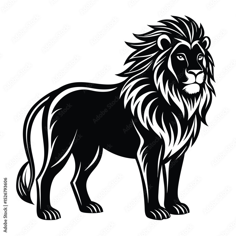 Obraz premium Roaring Lion Silhouette with Detailed Mane in Aggressive Stance on White Background ,ai generator 