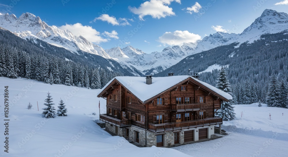 Wooden cabin in snowy mountain landscape Wooden cabin in snowy mountain landscape