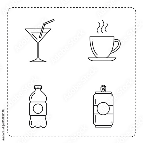 Set of popular classic cocktails. Different alcoholic drinks in various glasses. Summer aperitif garnished with lime twist, orange slice and cherry. Vector illustration of soft and alcohol beverages.