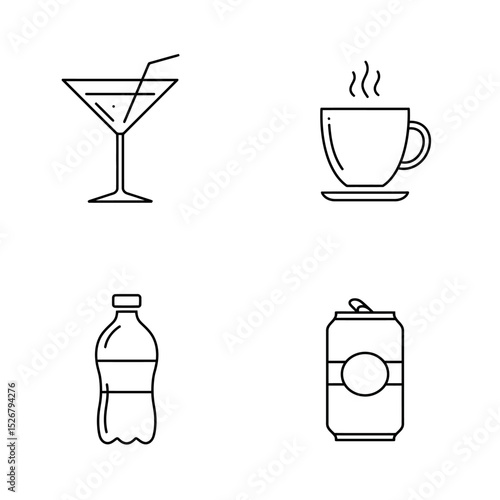 Set of popular classic cocktails. Different alcoholic drinks in various glasses. Summer aperitif garnished with lime twist, orange slice and cherry. Vector illustration of soft and alcohol beverages.
