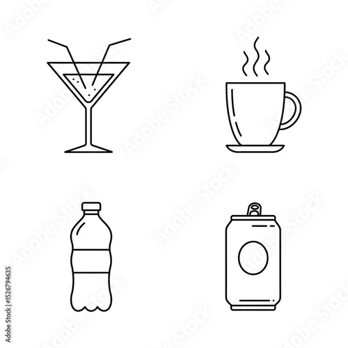 Set of popular classic cocktails. Different alcoholic drinks in various glasses. Summer aperitif garnished with lime twist, orange slice and cherry. Vector illustration of soft and alcohol beverages.