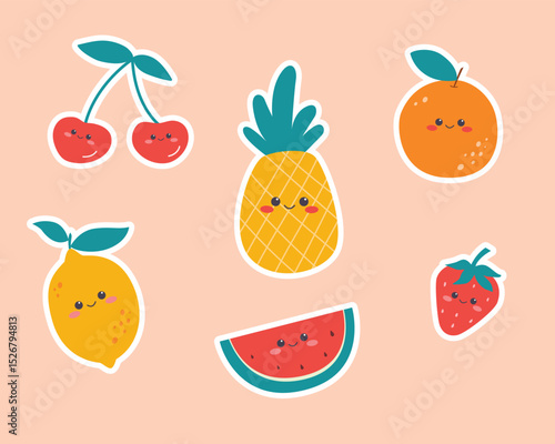Set of Cute Kawaii Stickers. Smiling Fruits like cherry,pineapple,orange,lemon,strawberry,watermelon.Vector illustration cartoon flat style