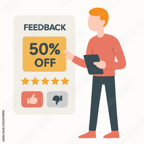 Flat Illustration Man Showing Fifty Percent Off Feedback Form Offer