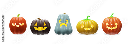 3d Halloween pumpkin set forms, colors, emotions. Glowing scary decoration for October holiday. Three-dimensional vector illustration spooky face light. Autumn Jack o lantern carved evil celebration