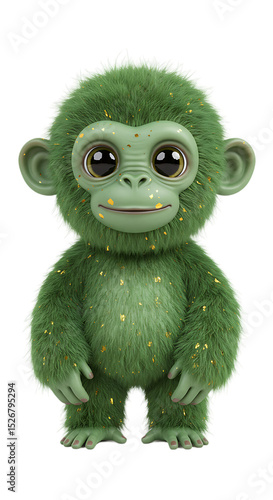 Illustration of a Cute Green Furry Monkey Character png isolated transparent background