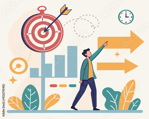 Goals setting, target achievement, focus on success outcome, planning to reach target bullseye, measurable result or clarity motivation concept, businessman with target bullseye and goal elements.