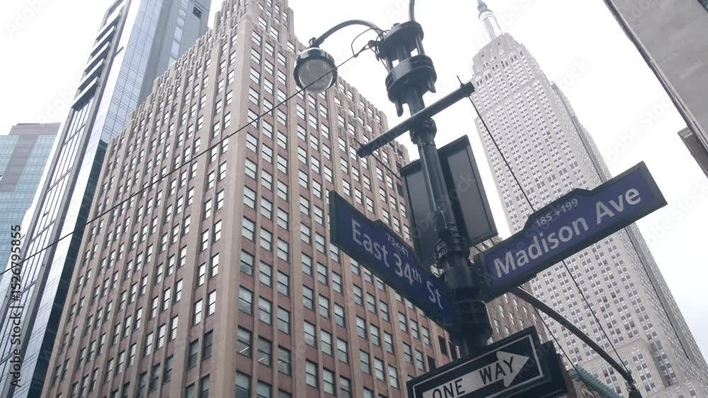 New York City crossroad, street intersection road sign on post. Empire State building, Midtown district, Madison avenue, 34, NYC, United States. Highrise skyscraper architecture, corner text roadsign.