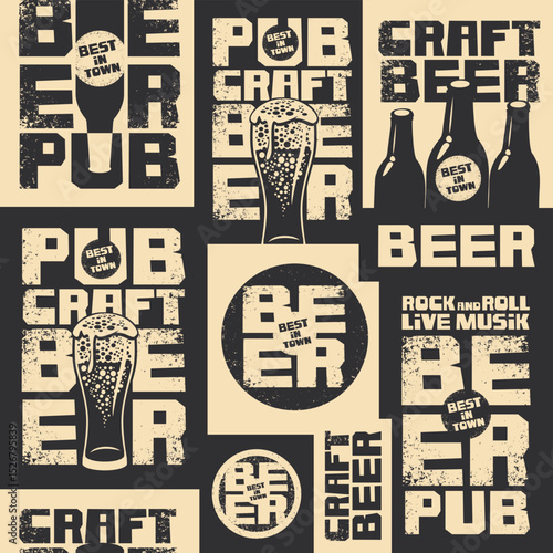 Vector seamless pattern with vintage beer, bars and breweries with bottles and glasses of craft beer. Poster, fabric, paper, wallpaper, t-shirt design. No AI used
