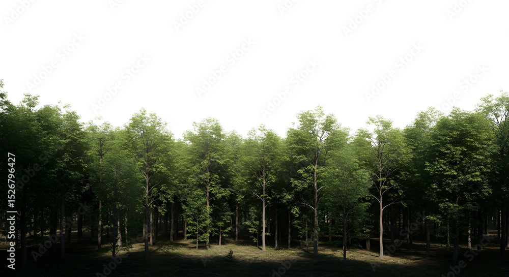 Obraz premium Dense forest with tall, green trees in sunlight, casting shadows on the forest floor, on a transparent background