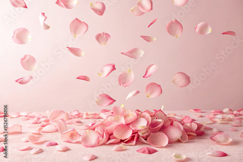 A photograph of pink rose petals dancing on a pink background. Luxury. Rich. Luxurious. Beauty. Adult.