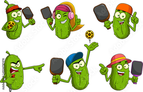 Funny Pickleball Cartoon Mascot Characters. Vector Hand Drawn Collection Set Isolated On Transparent Background