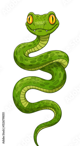 Cartoon Illustration of a Green Snake with Yellow Eyes png isolated transparent background