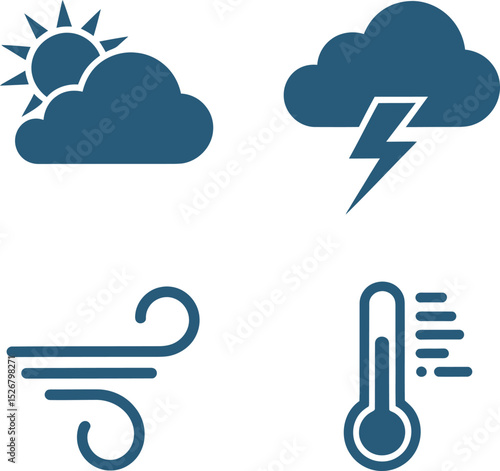 Windy weather and heat icons. Air gusts, wind flow, red thermometer heatwave, and cloudy sky temperature graphics  