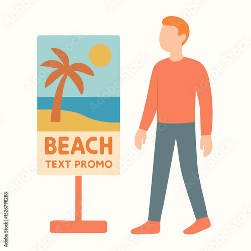 Flat Design Illustration of a Beach Text Promo Stand with a Man