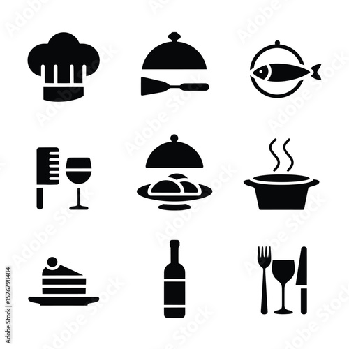 vector icons cooking food chef hat include a pizza slice, a sushi roll, spaghetti and meatballs, a curry bowl burger , fish 

