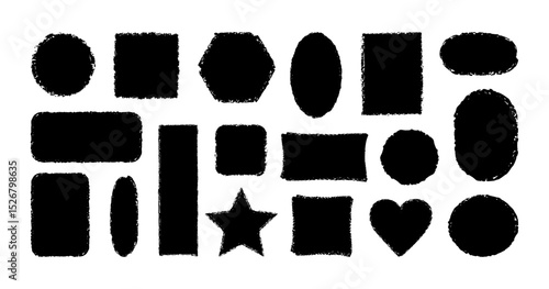 Brush frames. Rough textured grunge black silhouette in geometric shapes, square and oval, star. Hand drawn distressed elements for modern graphic layouts, sticker and vintage label. Vector set