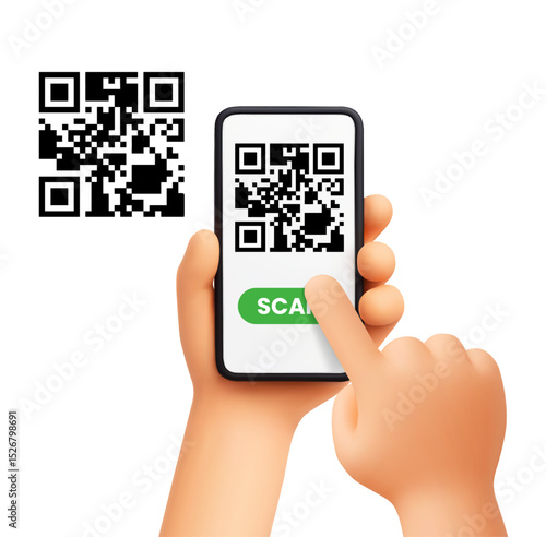 Smartphone scanning QR code. 3D cartoon hand scans QR code on cell phone screen with finger tap, verification or access. Payment, ticketing and apps, digital ID. 3D soft render vector concept