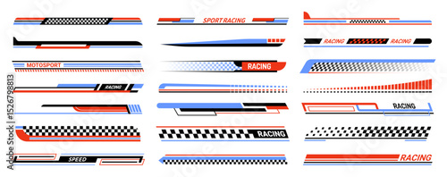 Sport racing stripes. Car racing stripe decals with checkered patterns, dynamic speed lines, rally arrow stickers. Car vinyl wraps, motorsport red, black and blue decals for tuning. Vector set