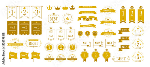 Number one award. Ranking award badge icons with golden crowns, ribbons, medals, numbers 1 to 3. Elegant reward graphics for winners. Game UI, contest and ranking symbols. isolated vector set