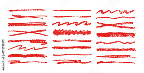 Red underline. Scribble marker or pencil strokes, rough textured hand drawn brush lines, squiggles, waves and cross. Text emphasis, editing and strike elements. Red crayon sketch teacher vector set