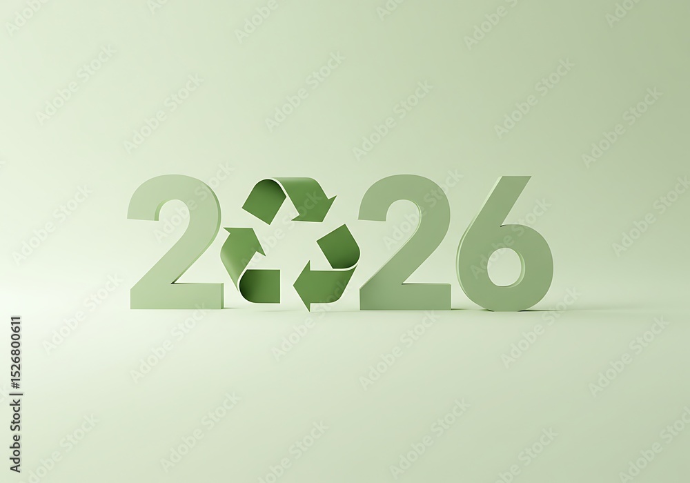 Recycling symbol with numbers 2026 in green tones on soft background Recycling symbol with numbers 2026 in green tones on soft background