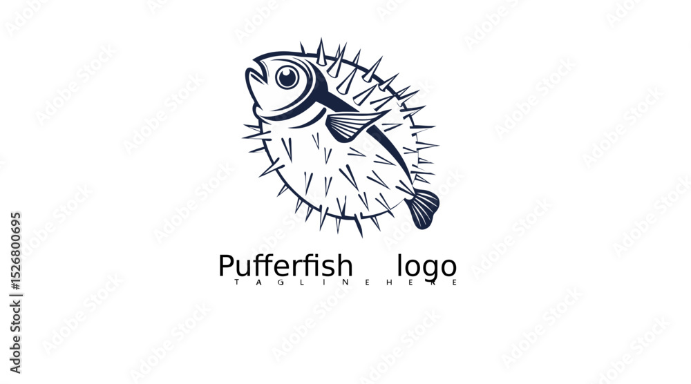 Fototapeta premium Hand-sketched pufferfish logo vector in playful marine style for ocean conservation branding, seafood packaging visuals, aquarium identity kits, and fun tropical underwater illustrations.