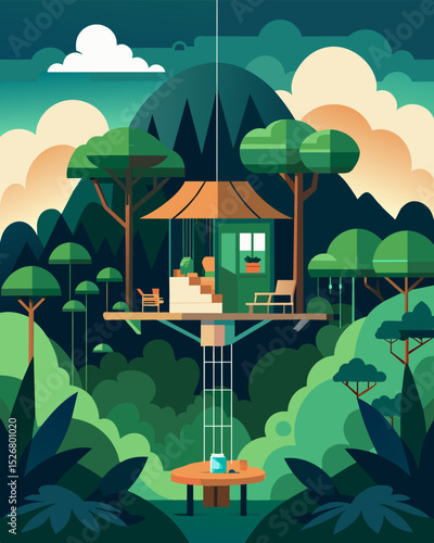 The rainforest canopy lodge offers the perfect blend of nature and modern amenities with comfortable beds hot showers and ample workspace for the nomads needs.. Vector illustration