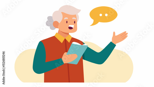An elderly person using speech therapy exercises to improve their fluency and reduce stuttering.. Vector illustration