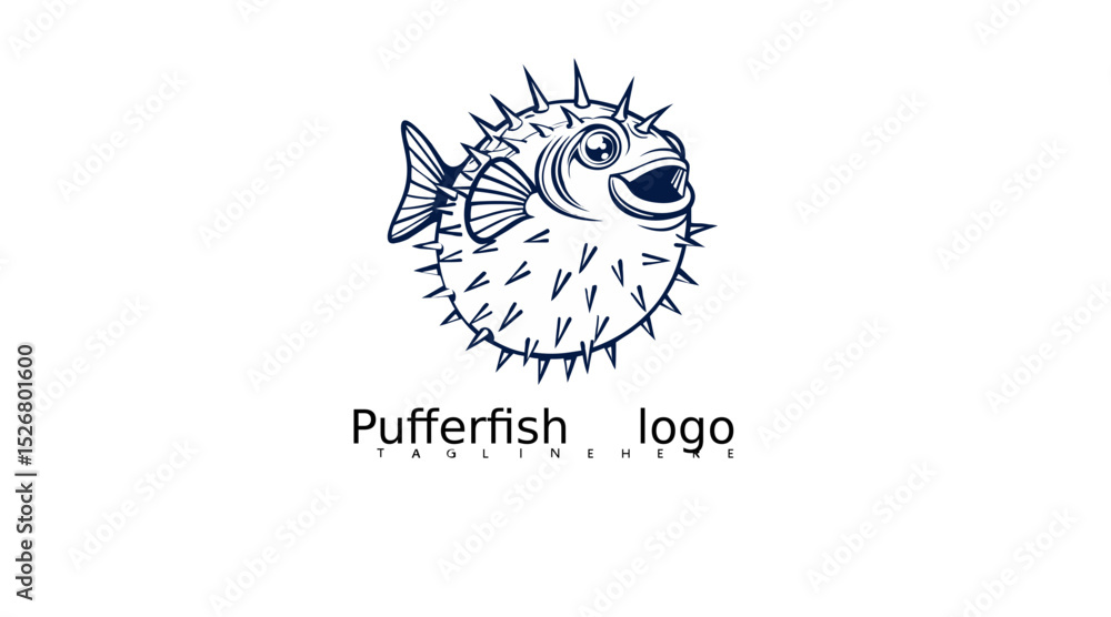 Obraz premium Playful pufferfish logo vector design with cartoon blowfish character in line art style. Excellent for marine-themed branding, pet shop visuals, and educational fish illustrations.