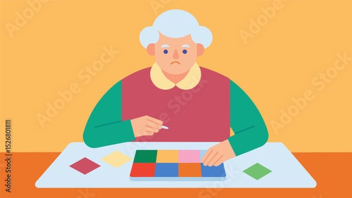 In a memory care facility an elderly person with dementia is engaged in art therapy creating a mosaic using different colored paper. Through this activity they are able to. Vector illustration