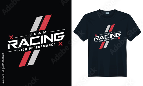 Team racing high performance t-shirt design with modern angled text and sporty red gray stripes