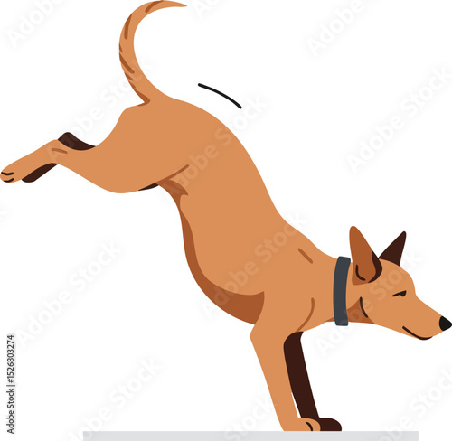 Brown dog performing a playful handstand balancing on front paws with tail up vector illustration 